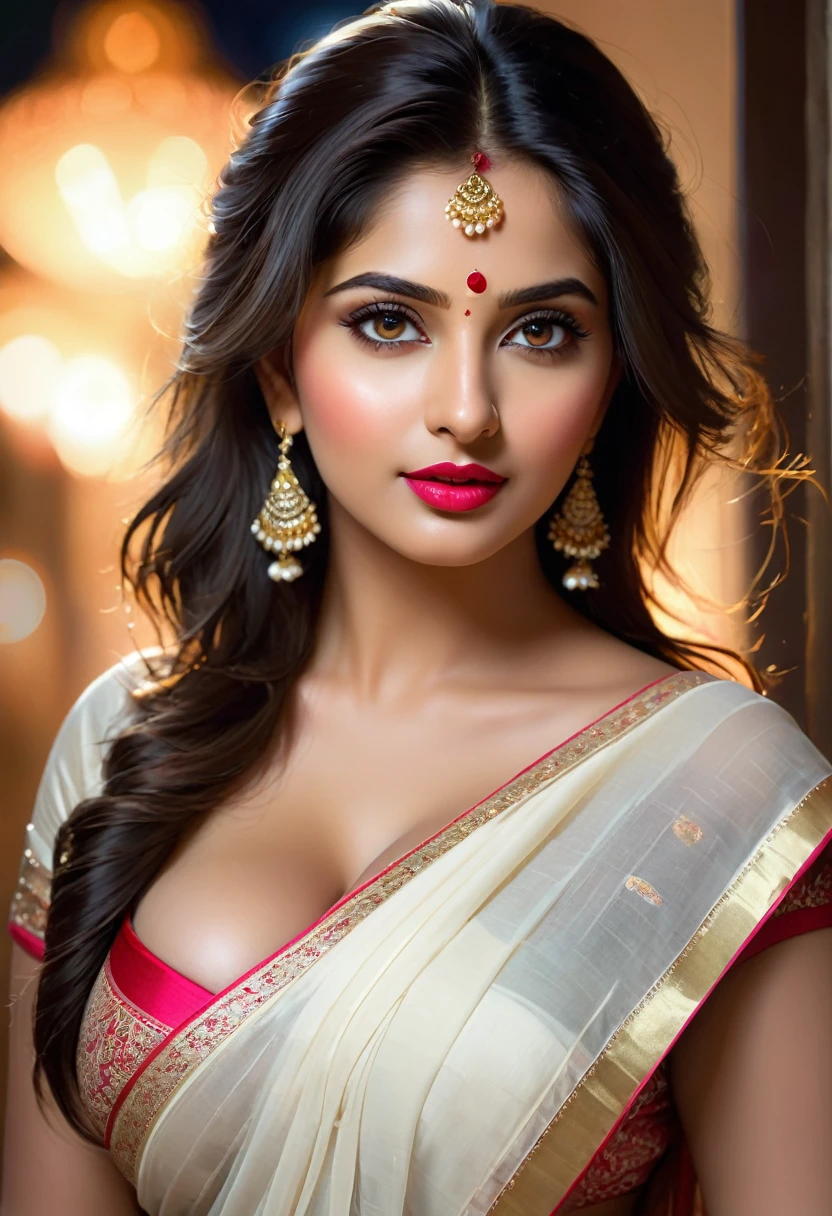 perfect pink eyes, fantastic face, Indian, beautiful look, ((red lips, bright eyes, curve heir 1.5)), ((beautiful details very big breast )), (Straight round and ultra huge clevage, not sagging breast), A glorious gorgeous, glorious gorgeous face, pretty face, bright eyes, white saree, updo elegant hair, blurred gray tones background, ultra focus, face ilumined, face detailed, 8k resolution, painted, dry brush, brush strokes, razumov style and garmash style, by Tokaito, ((Full Open )), full body, sexy open thin belly, night ambience