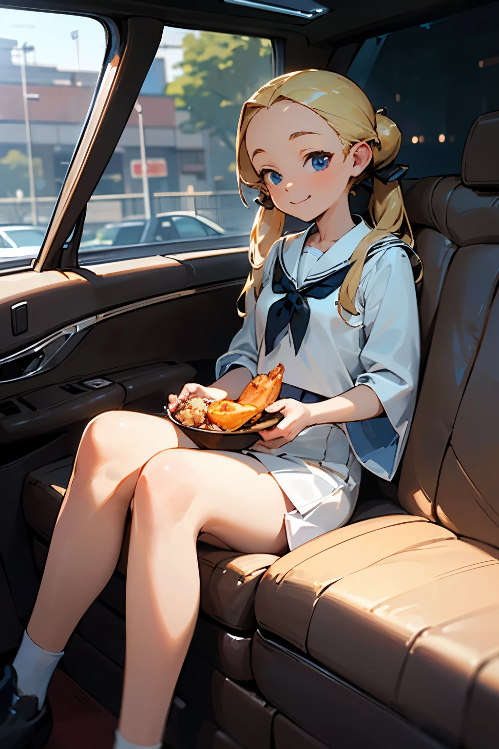 ((masterpiece)), ((best quality)), ((ultra-detailed)),((hyperrealistic)),(japanese cute girl),(shiny skin),1girl,,forehead,(plain forehead),blonde hair,long hair,twintail,straight hair,blue eyes,small breasts,15 years old,,dynamic angle,serafuku,(((Inside the limousine car))),sitting seat,smile,eating roast chicken
