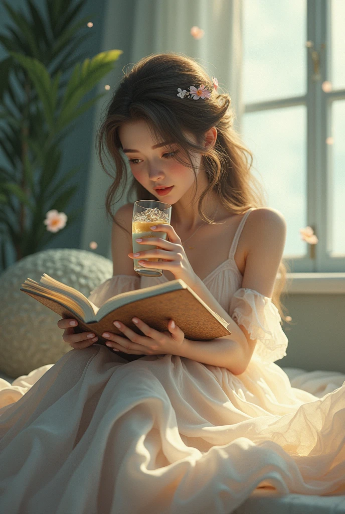 Animated Ethereal woman wearing float dress sipping iced coffee with diary