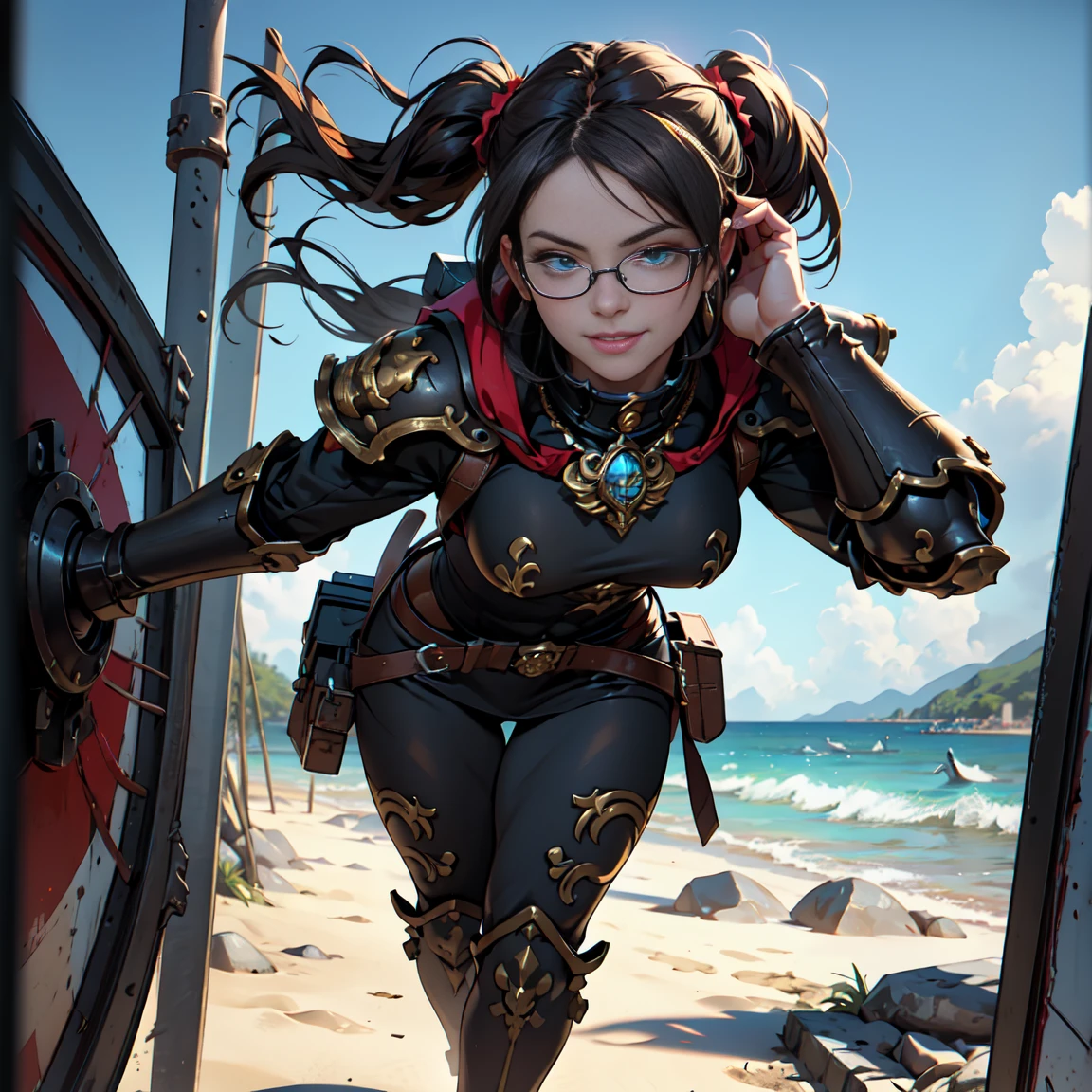 Masterpiece, Ultra-detailed Realistic {(young)} {adepta sororitas}, 1girl, {Solo}, Insane Detail, 8k Resolution, Warhammer40k, Science-Fiction, 3d Rendering, {Full Body Shot}, {Photorealistic}, Brown Hair, Blue eyes, Long hair, twintails hair style, Smile, realistic High detailed face, Cute, (muscular body), (((small Breasts))), (((Framed glasses))), {{black} metal armor with (Gold Accents)}, shiny armor, Leg armor, knight, necklace, extreme detailed pattern, backpack, red and black cape, ((beach)), sun, blue Sky, highly detailed, highly detailed background, perspective, bokeh, depth of field, ray tracing, professional, RAW photo, subsurface scattering, PBR texturing, post-processing, anisotropic filtering, maximum clarity and sharpness, multi-layered textures, Dynamic Lighting, Cinematic Lighting, 