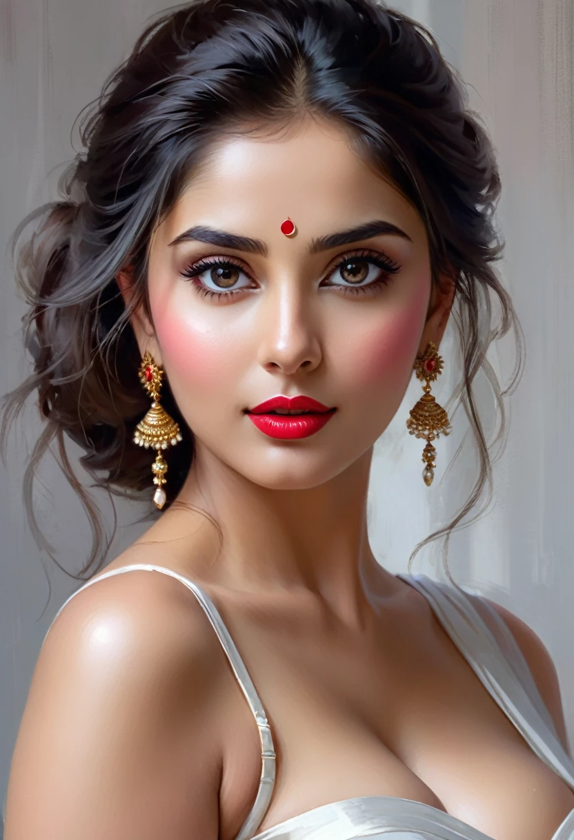 perfect pink eyes, fantastic face, Indian, beautiful look, ((red lips, bright eyes, curve heir 1.5)), ((beautiful details very big breast )), (Straight round and ultra huge clevage, not sagging breast), A glorious gorgeous, glorious gorgeous face, pretty face, bright eyes, white saree, updo elegant hair, blurred gray tones background, ultra focus, face ilumined, face detailed, 8k resolution, painted, dry brush, brush strokes, razumov style and garmash style, by Tokaito, ((Full Open )), full body, sexy open thin belly, night ambience