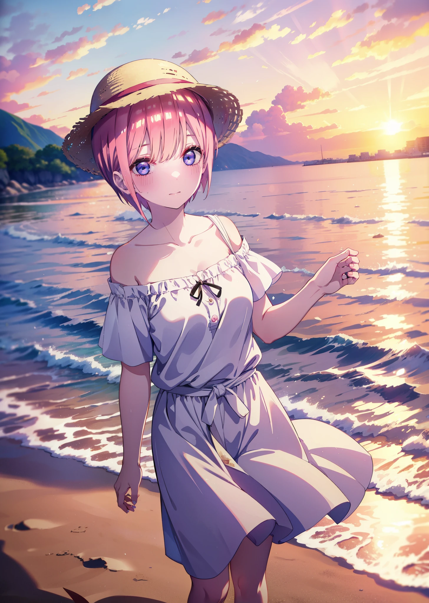 canary, Arima etc., short hair, bangs, (Red eyes:1.3), Redhead, Bobcut, Straw hat,smile,White string bikini swimsuit with frills,A thin long skirt is wrapped around her waist,barefoot,Sandy Beachを散歩している,whole bodyがイラストに入るように,
break outdoors, Sandy Beach,Beach,
break looking at viewer,whole body, (Cowboy Shot:1.5),
break (masterpiece:1.2), Highest quality, High resolution, unity 8k wallpaper, (figure:0.8), (Beautiful attention to detail:1.6), Highly detailed face, Perfect lighting, Highly detailed CG, (Perfect hands, Perfect Anatomy),