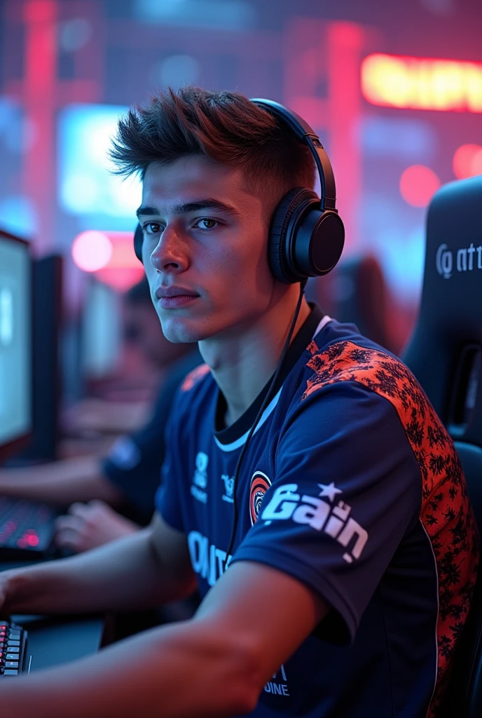 A young man gamer wearing esports jersy with a name of "QaLipian" at the back