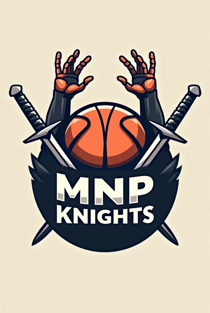 Create a logo, entitled MNP knights the design is one whole ball and the is half volleyball ball and the other side is basketball ball with two hands and shield and swords include the "MNP KNIGHTS"
