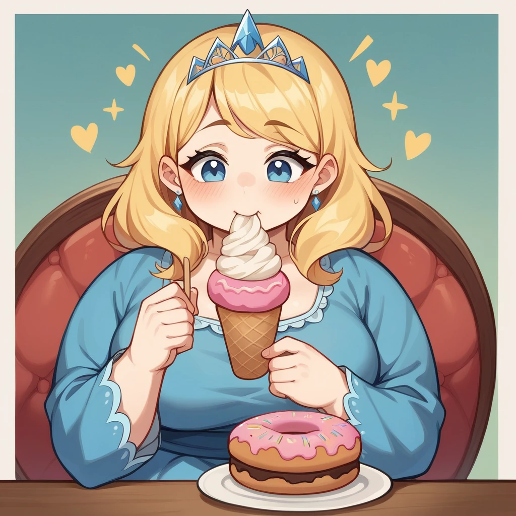masterpiece、Highest quality、Very detailed、Very detailed、Ultra-realistic、Humorous pictures、A delicate anime-style illustration。Inside Cinderella's Castle、Cinematic lighting、Cinderella has become so fat from eating too many donuts and ice cream that she looks like a different person.、Chubby body type、Blonde、Tiara on head、Blue Dress、Melancholic expression。