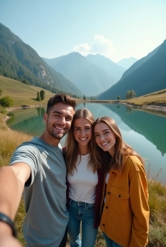 A 22 year's boy and two women sitting and taking selfie background 5 small lake and mountains