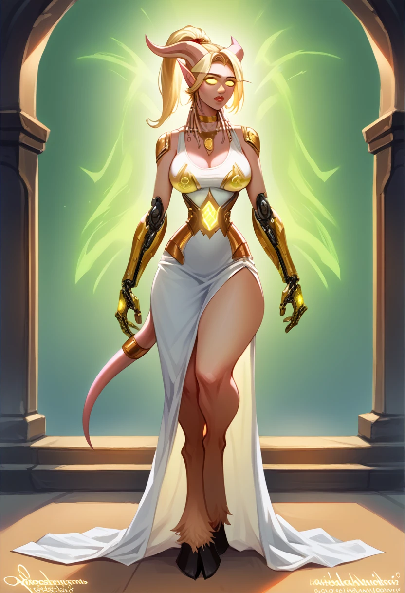 A hybrid draenei bloodelf woman with long pointy ears and draenei horns, a long tail, large breasts, narrow waist, wide hips, cyborg body part with liquid armor, white dress, glowing gold eyes, gold tinted skin, gold hair, facial tattoos, gold necklace and pendant, gold choker, gold tiara, long high ponytail hair, cyborg arms and chest, draenei jewelry over the body, sci-fi, intricate details, hyper realistic, cinematic lighting, dark fantasy, chiaroscuro,volumetric lighting,glowing energy,photorealistic,8k,best quality,masterpiece, full body