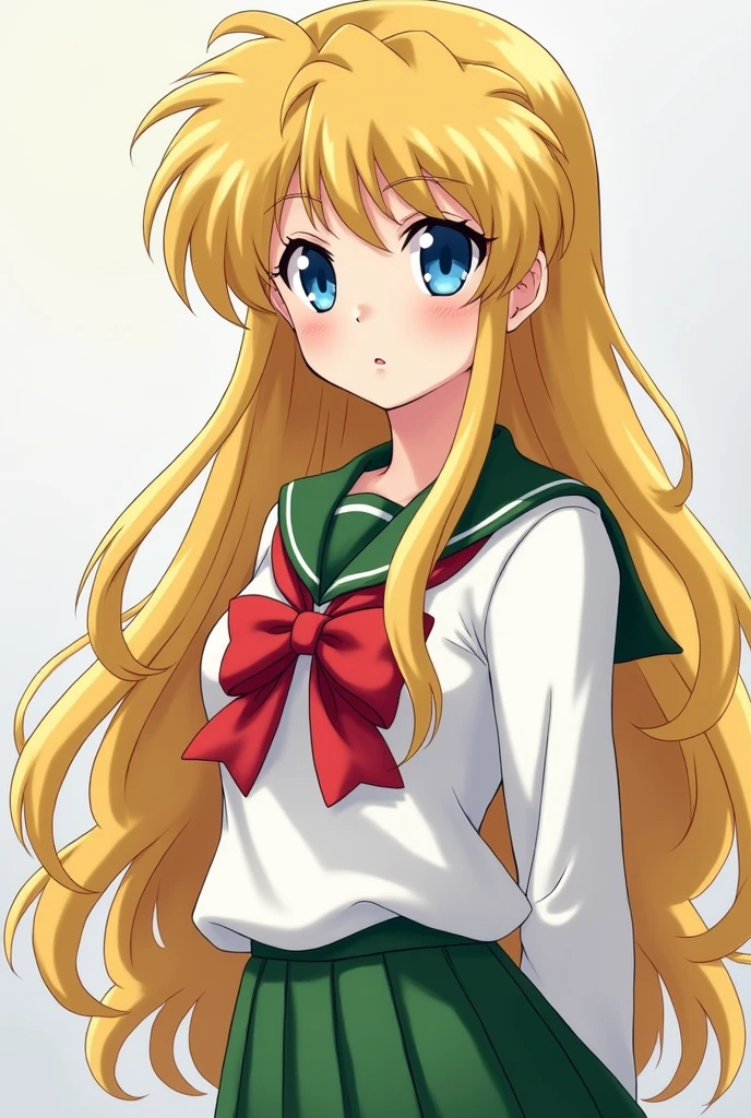 HUMAN teenage female Inuyasha OC with long golden blonde curls, blue eyes, and a soft feminine aesthetic in a white and green school uniform with a red bow on it 
