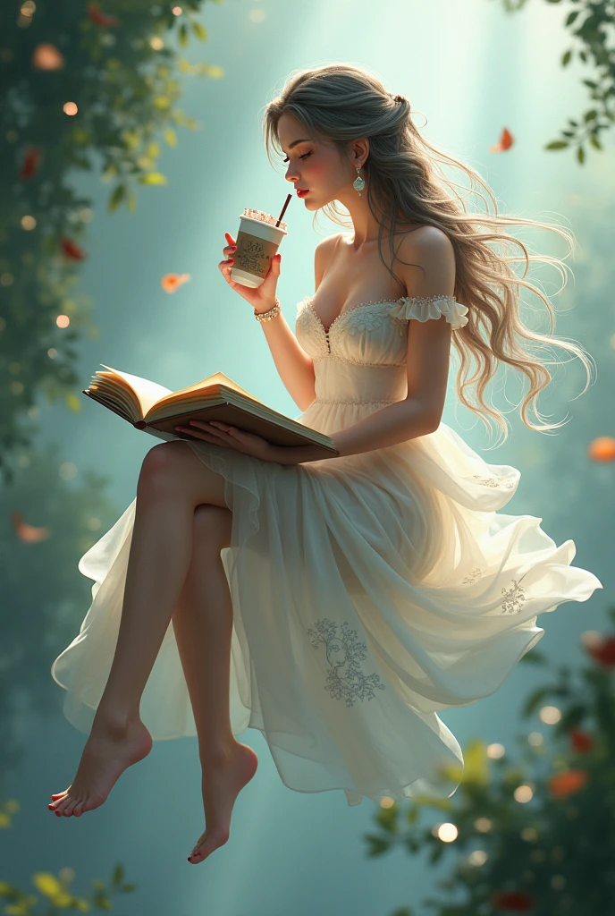 Animated Ethereal woman wearing float dress sipping iced coffee with diary