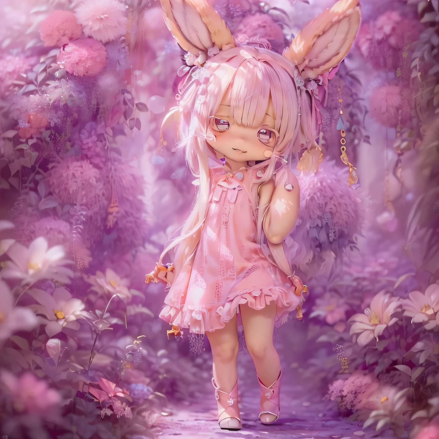 in the garden, Smiling girl, Similar to Nanachi from Made in Abyss. She is beautiful, Beautiful eyes and lips. girl (((Chibi Style,))) . Image quality is excellent, Highly detailed and realistic features. The medium of this work is、Combining illustration and photorealistic rendering.. The colors are vivid、The lighting creates a warm and bright atmosphere。 whole body(((((Cute pink dress)))))Contrasting cute poses