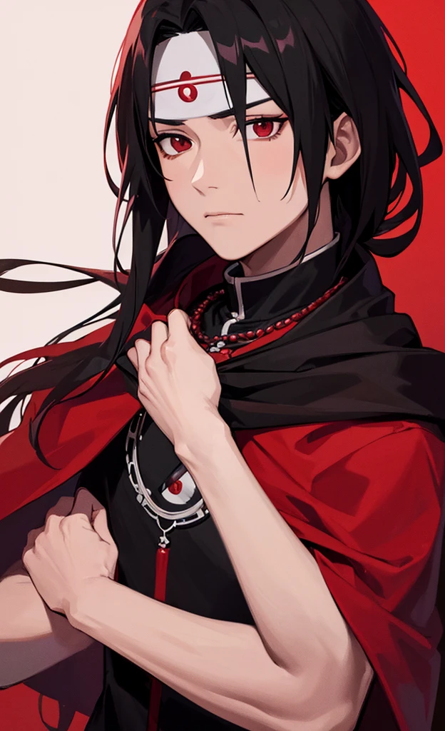 (masterpiece, best quality:1.2), red theme, solo, male focus, 1boy, uchiha itachi, expressionless, closed mouth, looking at viewer, without forehead protector, ninja, cloak, high collar, jewelry, necklace