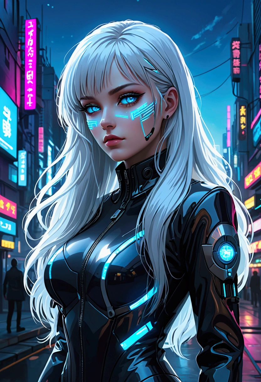 ((best quality)), ((masterpiece)), (detailed), perfect face, a beautiful woman with white long hair and a sky blue reflection, she has a tufted fringe, she has sky blue eyes in a cyberpunk city with sky blue lights, she has total black cyber suit clothes with some neon sky blue lights on it, cyber line on her face, Total body.