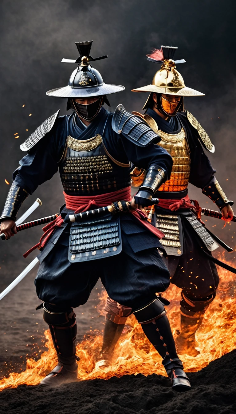 to capture the scene of two samurai locked in a fierce battle with realistic detail.。samurai clad in Japanese armor stand amidst、With a sharp blade slashing down,、as they clash fiercely in the dust and fire.。Emphasize realistic lighting and texture、Maximize the sense of tension on the battlefield。In the background、a dark, overcast sky and raging flames,、evoking the chaotic atmosphere of a battlefield.。