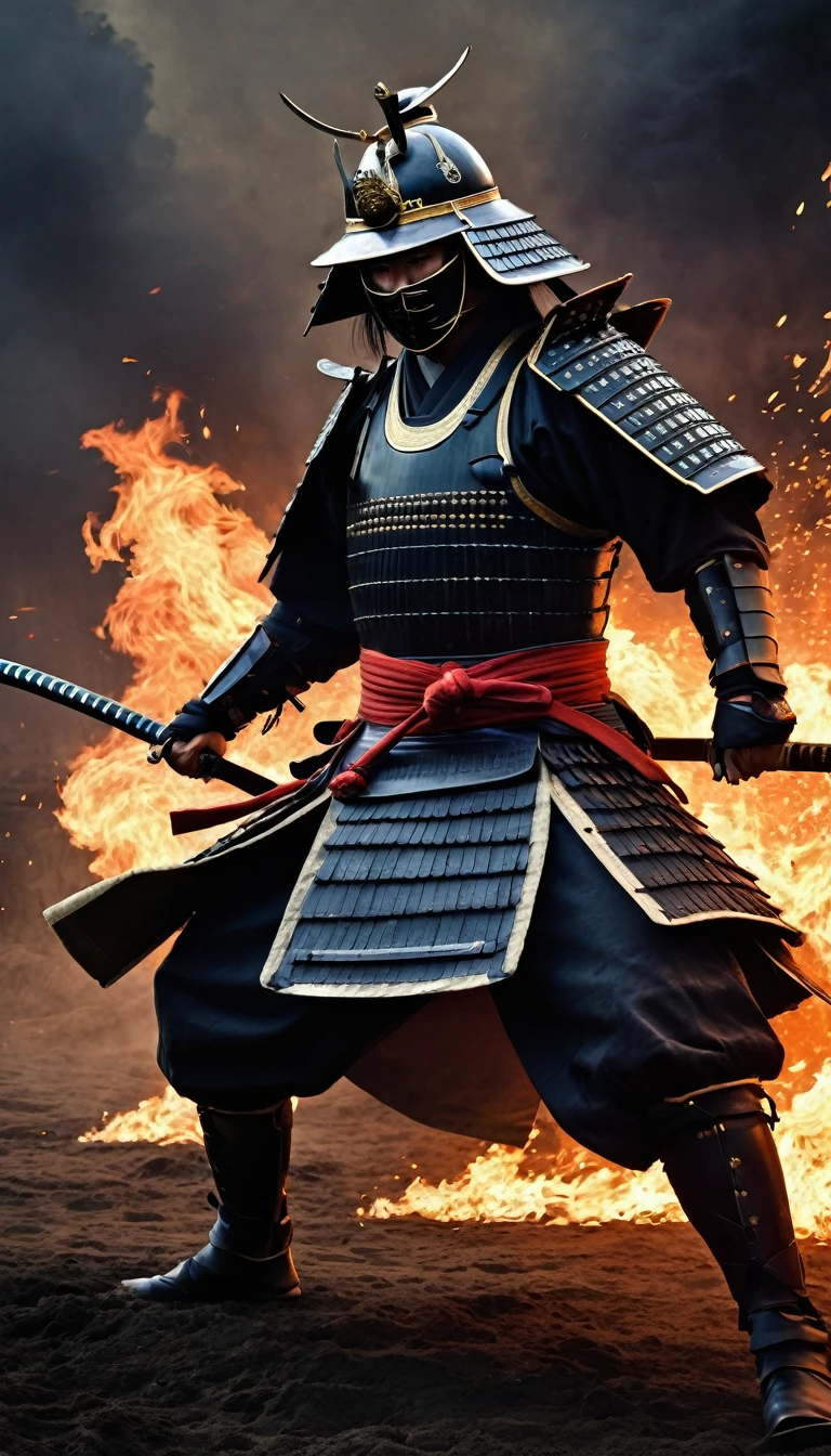 to capture the scene of two samurai locked in a fierce battle with realistic detail.。samurai clad in Japanese armor stand amidst、With a sharp blade slashing down,、as they clash fiercely in the dust and fire.。Emphasize realistic lighting and texture、Maximize the sense of tension on the battlefield。In the background、a dark, overcast sky and raging flames,、evoking the chaotic atmosphere of a battlefield.。