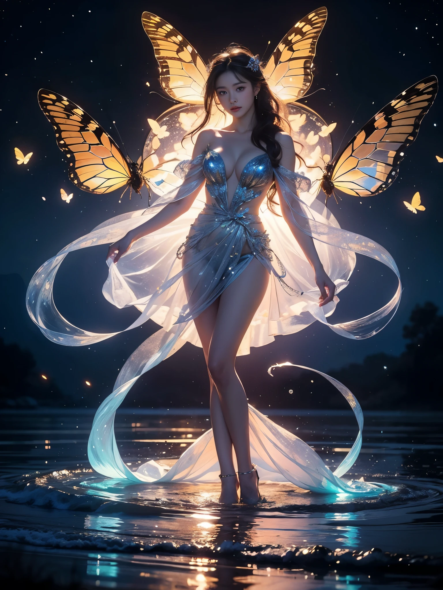 glowing,, Beautiful dance dynamics, Long legs , Water play，In the pool，play， ((Flowing long hair))Official Art , Unity8k Wallpaper , Extremely detailed , Visible cleavage, Pretty and beautiful , Sexy long legs, masterpiece , best quality ,Practical, Very detailed illustrations ,Extremely detailed , Intricate details , Extremely complex and detailed , Very detailed 8KCG wallpaper , Caustics .reflection , Ray Tracing , Devil Theme ,nebula ,Dark aura, Network Effects , (1 Girl)Solitary , 小蓝Butterfly , Dozens of monarch butterflies around , (Blue plasma flame , (insect , Butterfly)) 圣光Butterfly天使 , Butterfly翅膀 , Pastel tones in Rococo style ,Light white and light dark red , Incredibly beautiful , Cherry blossoms , Surrealism ,painting , Ethereal , Mixing reality and fantasy elements ,Ray Tracing , Complex patterns , Delicate lines , Perfect your hands, Starry Sky , rich and colorful , Star