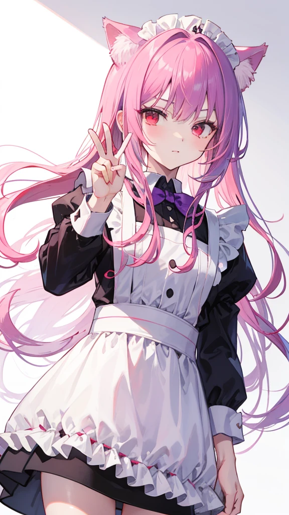 Maid clothes,Red eyes,Long Hair,Straight Hair,Purple and pink hair color,girl,He is making a peace sign with his left hand and looking at me.,Smooth hair,Cat ear,Shooting from below at an angle