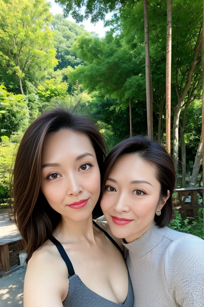 Dark brown hair, Light brown eyes, Chinese women, 40 years old, Intricate details, Upper body photo, (Detailed eyes), (Detailed facial features), Highest quality, Ultra-high resolution, 8k resolution, Written boundary depth, at the park, Medium sized breasts, Cleavage, Wearing an off-the-shoulder cut-and-sew top, (short hair), (View your audience), (Standing in a sexy pose)