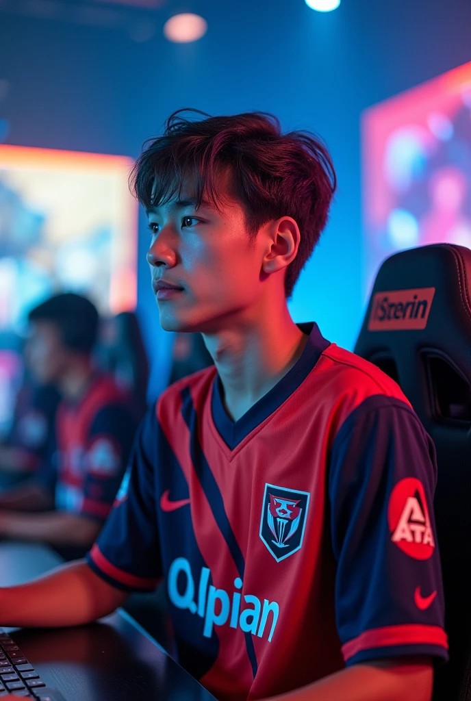 A young man gamer wearing esports jersy with a name of "QaLipian" at the back