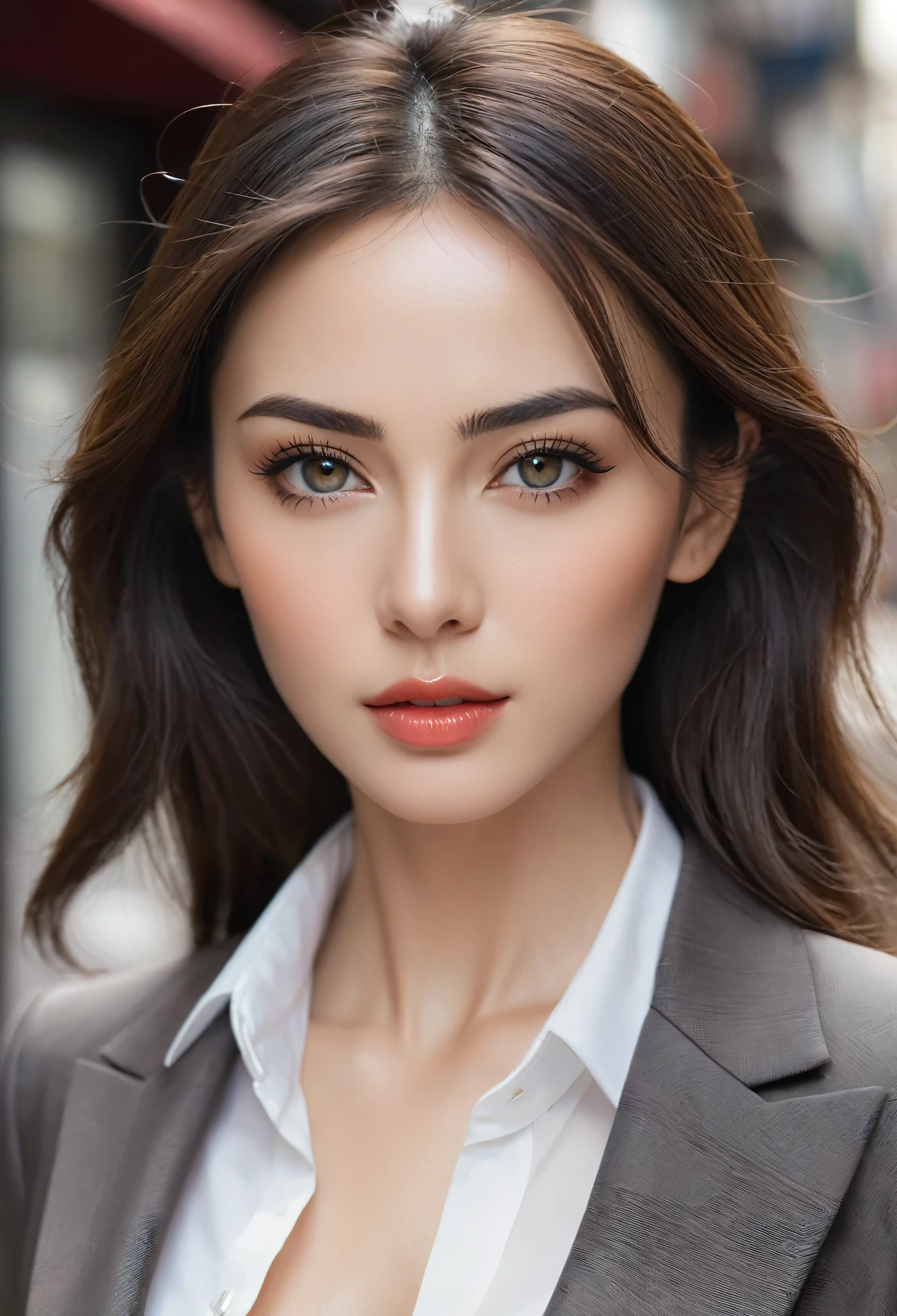 ((Angelina Sole)),((Highest quality, 8k, masterpiece : 1.3)), Sharp focus : 1.2, Beautiful woman with perfect figure : 1.4, Slim Abs : 1.2, ((Dark brown hair)), (Natural light, City Street : 1.1), Highly detailed face and skin texture, Beautiful Eyes, double eyelid、((Professional makeup:1.3))、((Sexy Mature:1.3))、Thick lips、Lip gloss、eye make up,((Arabic:1.3)),Close-up portrait, Model Body、Wear a business suit, Sharp focus, Perfect dynamic composition, 美しくてBeautiful Eyes, Thinning hair, ((White Division:1.3))