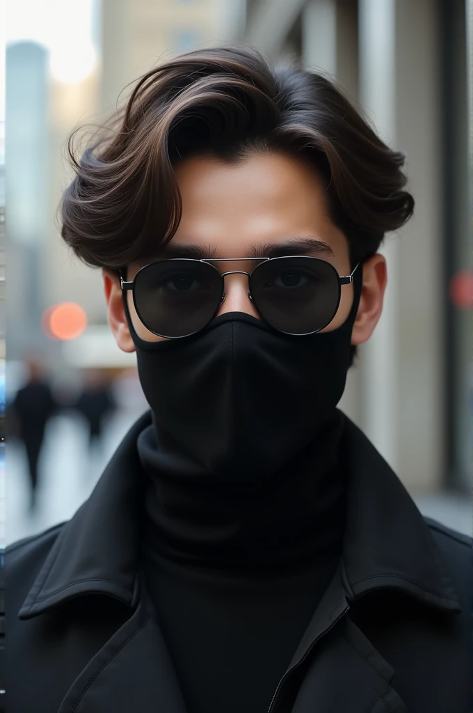 A young man wearing sunglasses and a mask