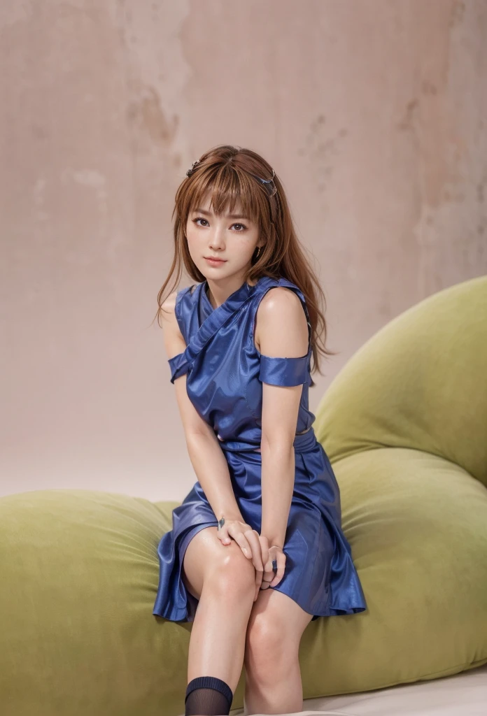 kasumi, eyes browns, (best qualityer, ultra detail), (realisitic:1.37), beautiful and detailed face, ultra-realisitic texture, Exquisite face, Delicate body, red lipgloss stick, shiny colors. High definition, 8k, expression a slight cute smile