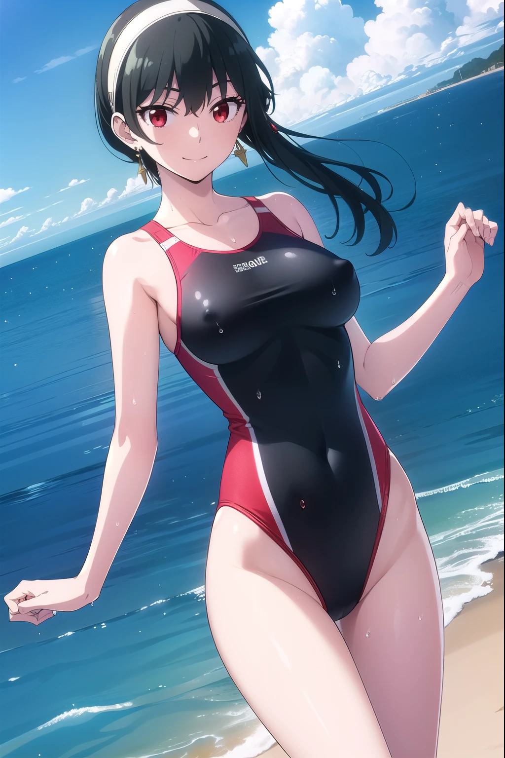 (masterpiece:1.2),(Highest quality), (High resolution), (unity 8k wallpaper), (shape:0.8), (Beautiful attention to detail:1.6), Highly detailed face Yorbraia, (Yor Briar), Black Hair, (Red eyes:1.5), Earrings, Long Hair, white hairband, (Medium Breasted:1.2), smile, Put your arms behind your back, whole body, Extremely detailed CG, (Perfect hands, Perfect Anatomy), ( black competition swimsuit), (erect nipples), (wet), View your viewers, running, Cowboy Shot, dutch angle, Outdoors, beach