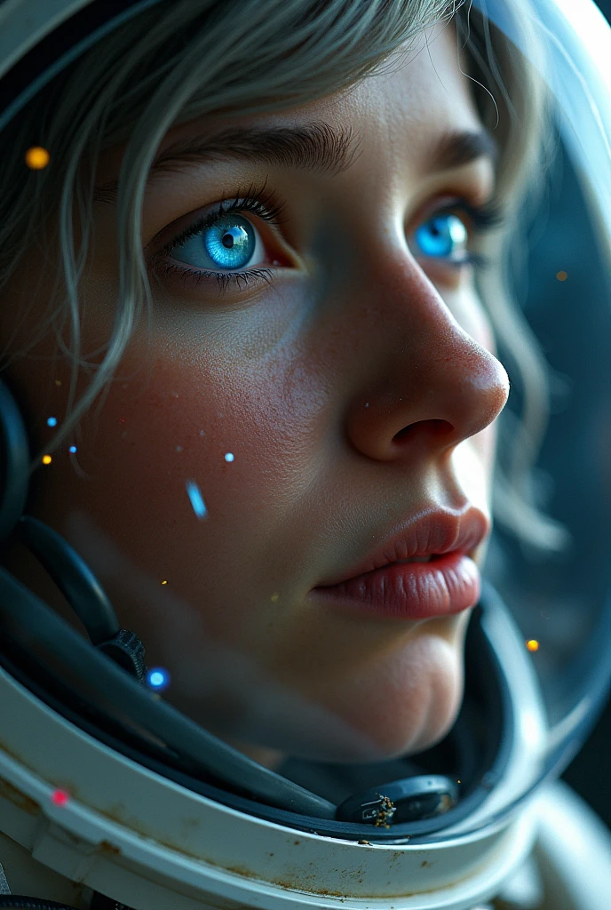 A closer look at a better masterpiece：1.5)0.9]、(Space and astronauts：1.2) (Disheveled silver hair：1.1) (Heterochromia and Yellow and Blue Eyes：1.2) (Space Helmet：1.0) (Colored stars in the eyes：1.0) (Shining Light：1.1) 