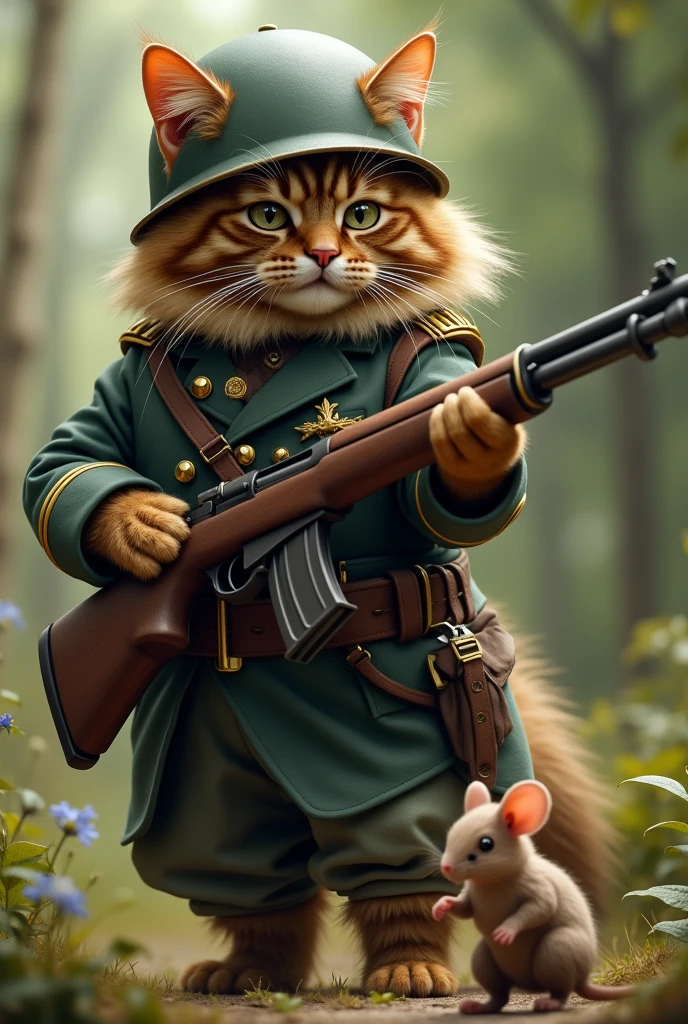A long-haired tabby cat dressed as a soldier, wearing a helmet and aiming at a mouse with a rifle