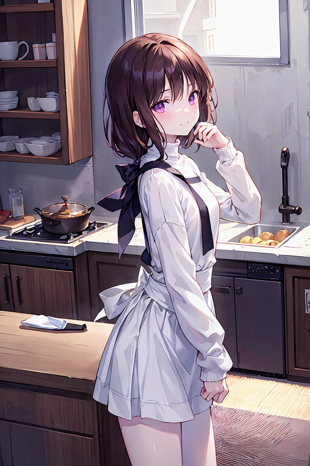 look back、Realistic, Real person, (Pale skin: 1.2), RAW Photos, Realistic, Portrait Photography, Glowing Skin, Japanese Idols、Shiny Hair、(bangs，straight，Shortcuts，１７Old woman) ，White turtleneck，Summer Sweater，Check Tight Skirt，Brown Hair，Purple eyes, smile, The background is the kitchen、alone、cooking，Flat chest，Depth of written boundary, Delicate eyes, Complete Hand, No extra limbs，Clear nose bridge，Natural posture