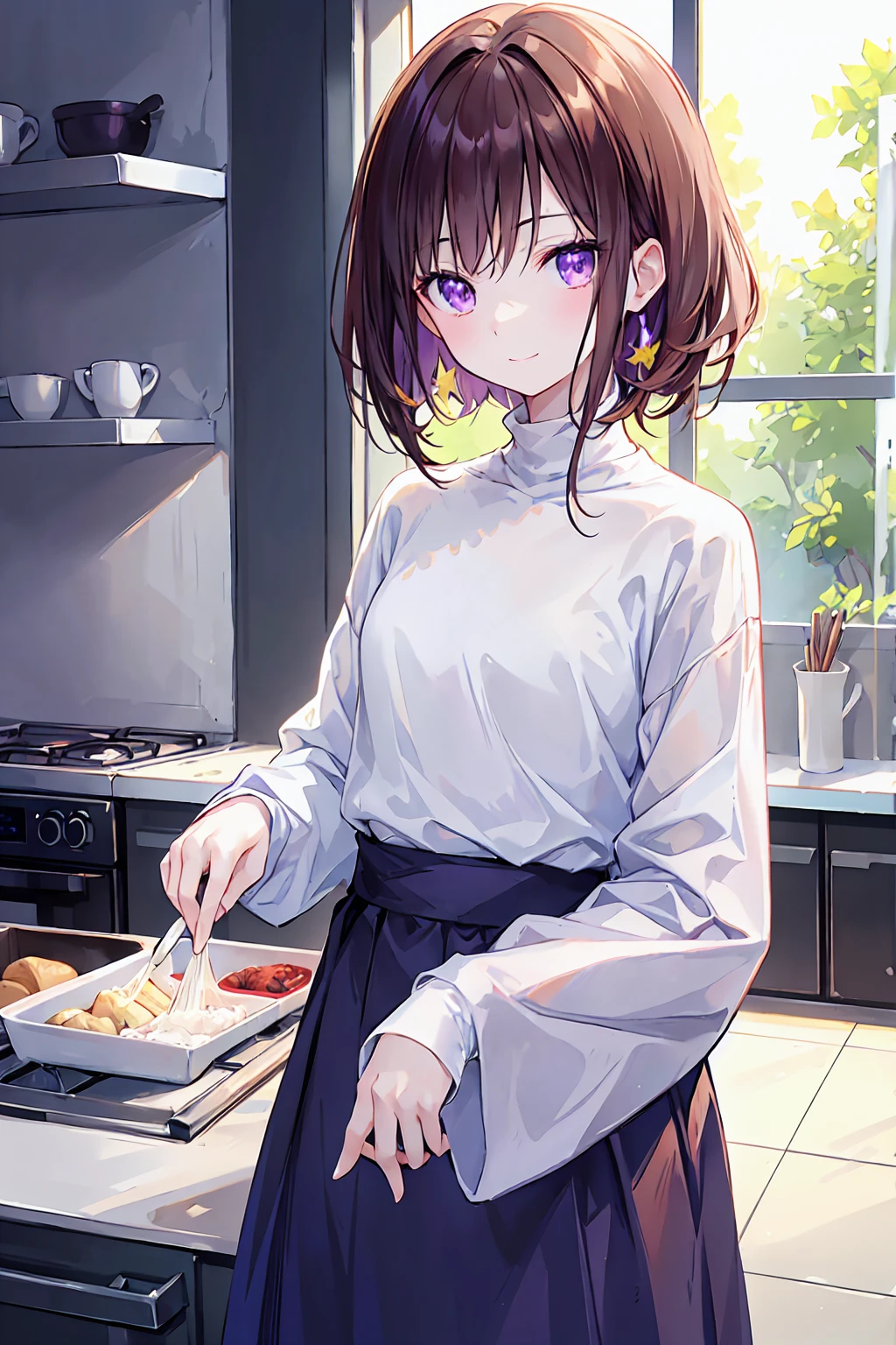 look back、Realistic, Real person, (Pale skin: 1.2), RAW Photos, Realistic, Portrait Photography, Glowing Skin, Japanese Idols、Shiny Hair、(bangs,straight,Shortcuts,17Old woman) ,White turtleneck,Summer Sweater,Check Tight Skirt,Brown Hair,Purple eyes, smile, The background is the kitchen、alone、cooking,Flat chest,Depth of written boundary, Delicate eyes, Complete Hand, No extra limbs,Clear nose bridge,Natural posture