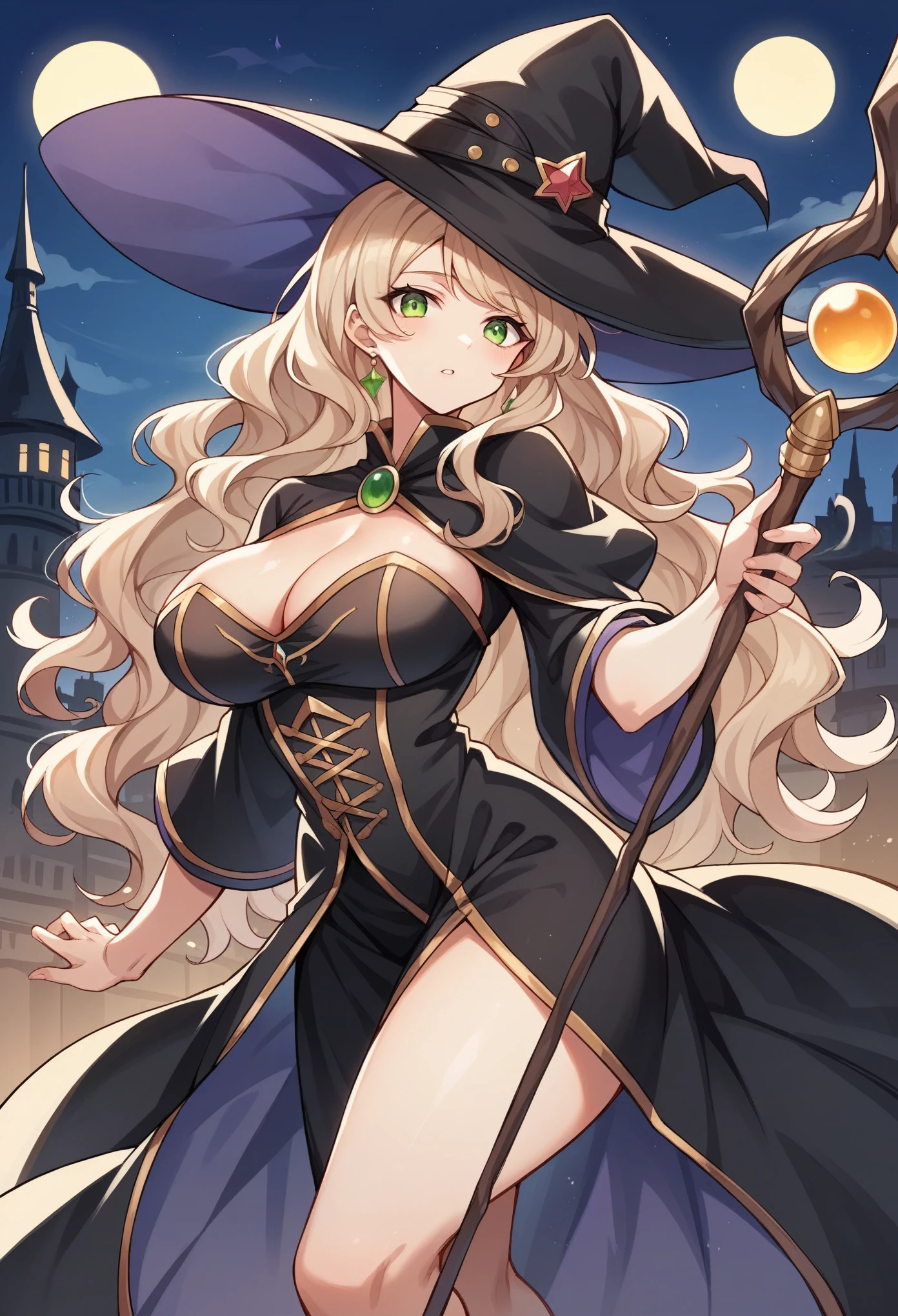 (masterpiece:1.2, Highest quality),(Anime Style),Visible from the knees to the head, 20-year-old woman,Yellow-green eyes,Beige hair,Wavy Hair,Long Hair,Very large breasts,Wizard,Black witch hat,Black Robe,Jeweled Staff,night,tower