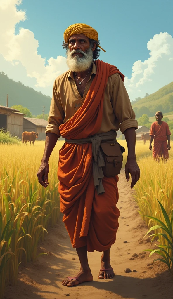 First Scene: Kishan is seen plowing his small field with his old ox, displaying determination and hard work on his face.Second Scene: Kishan is sowing seeds into the soil, with a hopeful expression in his eyes.Third Scene: Dark clouds are gathering in the sky, indicating a lack of rain and an impending drought.Fourth Scene: Kishan is standing in his dry field, looking worried as the crops have withered due to insufficient rain.Fifth Scene: Kishan is at home, sitting with a concerned and despondent expression, realizing his crops have failed.Sixth Scene: Kishan’s ox has fallen ill, and he is sitting beside the animal with a sorrowful look on his face.Seventh Scene: Kishan is in the market, selling his household items to afford treatment for his sick ox.Eighth Scene: A veterinarian is attempting to treat the ox, with Kishan anxiously watching the process.Ninth Scene: Kishan is mourning beside his ox, which has died despite his efforts to save it.Tenth Scene: Villagers gather around Kishan, offering him seeds and a new ox, showing their support and solidarity.Eleventh Scene: Kishan gratefully accepts the villagers' help, showing deep gratitude.Twelfth Scene: Kishan is back in the field, working with renewed hope and determination.Thirteenth Scene: Healthy crops are growing in the field, indicating Kishan's hard work is finally paying off.Fourteenth Scene: Kishan is standing in front of his successful harvest, smiling with happiness and relief.Fifteenth Scene: The villagers and Kishan are celebrating the bountiful harvest together, symbolizing unity and perseverance.