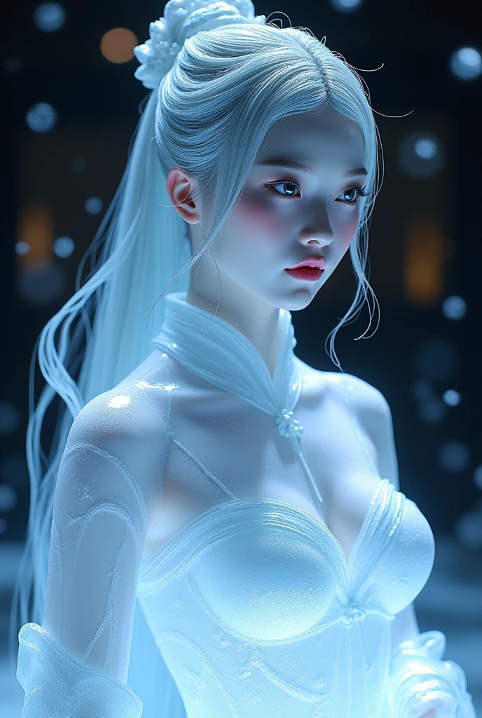 (ice - carving:1.4),Movie Angle,(Fan Bingbing, ice sculpture girl,Anatomically correct,full bodyesbian,Masterpiece ice sculpture camellia,Representative work Hanfu,Smile),sexy