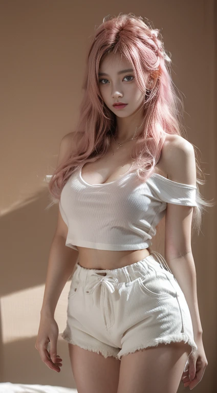 "21yo girl, pink hair, long hair, wearing
oversize white t-shirt, hot pants, natural big
breast, show big thigh, plump body, single
sidelock hairpin blush, modern cinematic
lighting, ray tracing, drop shadow wide shot
UHD, textured skin, high details, best quality
4K"