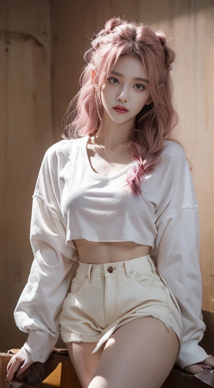 "21yo girl, pink hair, long hair, wearing
oversize white t-shirt, hot pants, natural big
breast, show big thigh, plump body, single
sidelock hairpin blush, modern cinematic
lighting, ray tracing, drop shadow wide shot
UHD, textured skin, high details, best quality
4K"