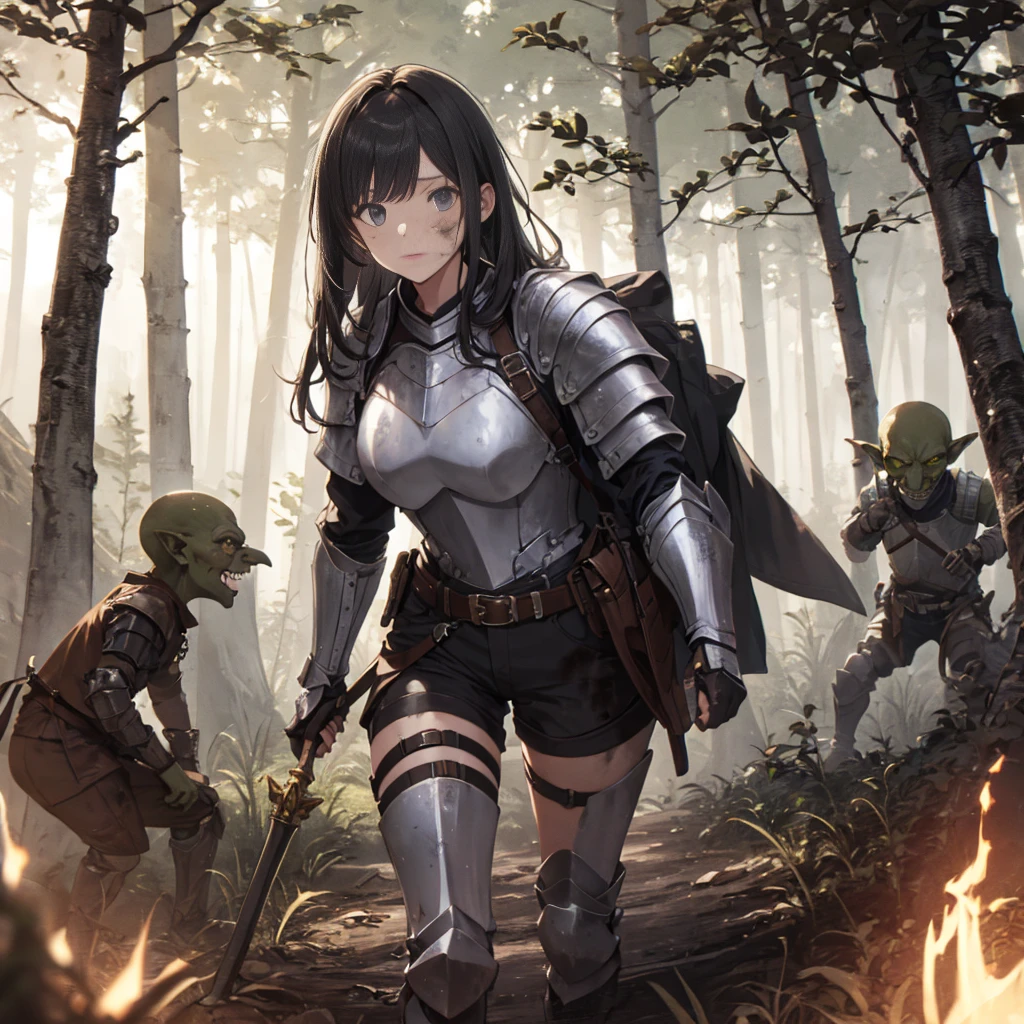 A female knight, (in the forest), Wearing armored clothing, Metal Armor, night, detailedface, , shorts, surrounded by goblins, Various weapons, dirty