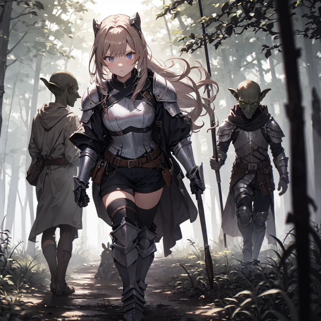A female knight, (in the forest), Wearing armored clothing, Metal Armor, night, detailedface, , shorts, surrounded by goblins, Various weapons, dirty