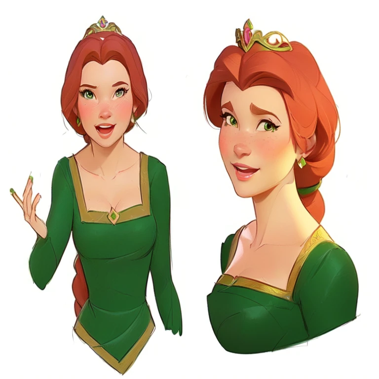 a drawing of a woman in a green dress with a tiara on her head, Disney character style, portrait of princess Fiona, Disney animation style, colorful concept art, Portrait of Fiona, fiona, high-quality character design, detailed character art, princess Fiona, princess portrait