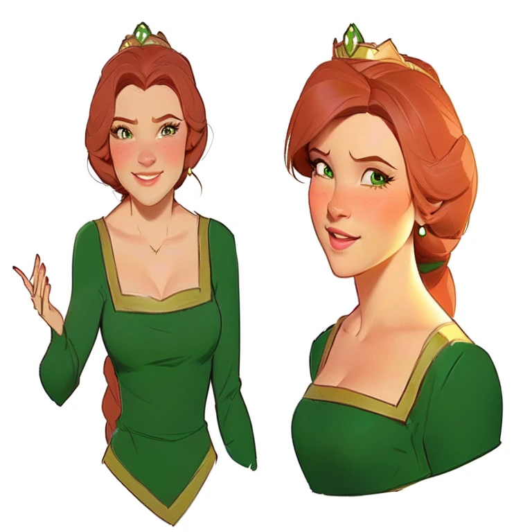 a drawing of a woman in a green dress with a tiara on her head, Disney character style, portrait of princess Fiona, Disney animation style, colorful concept art, Portrait of Fiona, fiona, high-quality character design, detailed character art, princess Fiona, princess portrait