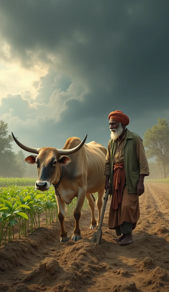 First Scene: Kishan is seen plowing his small field with his old ox, displaying determination and hard work on his face.Second Scene: Kishan is sowing seeds into the soil, with a hopeful expression in his eyes.Third Scene: Dark clouds are gathering in the sky, indicating a lack of rain and an impending drought.Fourth Scene: Kishan is standing in his dry field, looking worried as the crops have withered due to insufficient rain.Fifth Scene: Kishan is at home, sitting with a concerned and despondent expression, realizing his crops have failed.Sixth Scene: Kishan’s ox has fallen ill, and he is sitting beside the animal with a sorrowful look on his face.Seventh Scene: Kishan is in the market, selling his household items to afford treatment for his sick ox.Eighth Scene: A veterinarian is attempting to treat the ox, with Kishan anxiously watching the process.Ninth Scene: Kishan is mourning beside his ox, which has died despite his efforts to save it.Tenth Scene: Villagers gather around Kishan, offering him seeds and a new ox, showing their support and solidarity.Eleventh Scene: Kishan gratefully accepts the villagers' help, showing deep gratitude.Twelfth Scene: Kishan is back in the field, working with renewed hope and determination.Thirteenth Scene: Healthy crops are growing in the field, indicating Kishan's hard work is finally paying off.Fourteenth Scene: Kishan is standing in front of his successful harvest, smiling with happiness and relief.Fifteenth Scene: The villagers and Kishan are celebrating the bountiful harvest together, symbolizing unity and perseverance.