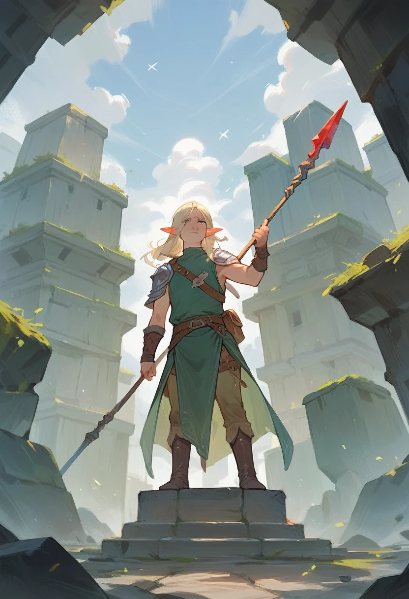 An elf who has the power of a stone to protect himself. ax with spear tip
