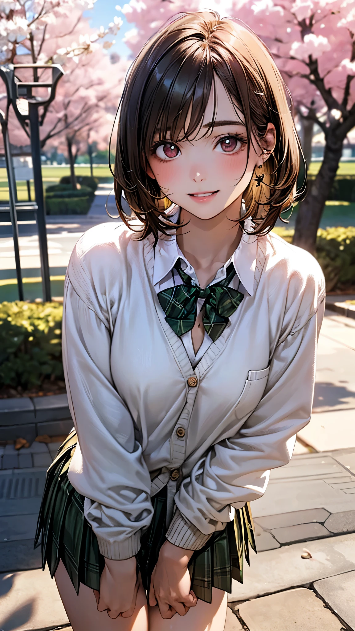 (masterpiece:1.2, top-quality), (realistic, photorealistic:1.4), beautiful illustration, (natural side lighting, movie lighting), depth of fields, nsfw,
beautiful detailed hair, beautiful detailed face, beautiful detailed eyes, beautiful clavicle, beautiful body, beautiful chest, beautiful thigh, beautiful legs,
looking at viewer, 1 girl, 12 years old, (perfect anatomy, anatomically correct, super detailed skin), cute and symmetrical face, perfect face, perfect eyes,
(short hair:1.5, straight hair, dark brown hair), swept bangs, brown eyes, big eyes, long eye lasher, (medium breasts, seductive thighs), perfect body, shiny skin, pink skin,
(long sleeve khaki color knit cardigan, break white collared shirt, break green plaid pleated mini skirt, green plaid bow tie), break white socks,
(beautiful scenery), evening, (cherry tree), standing, (lovely smile, parted lips),