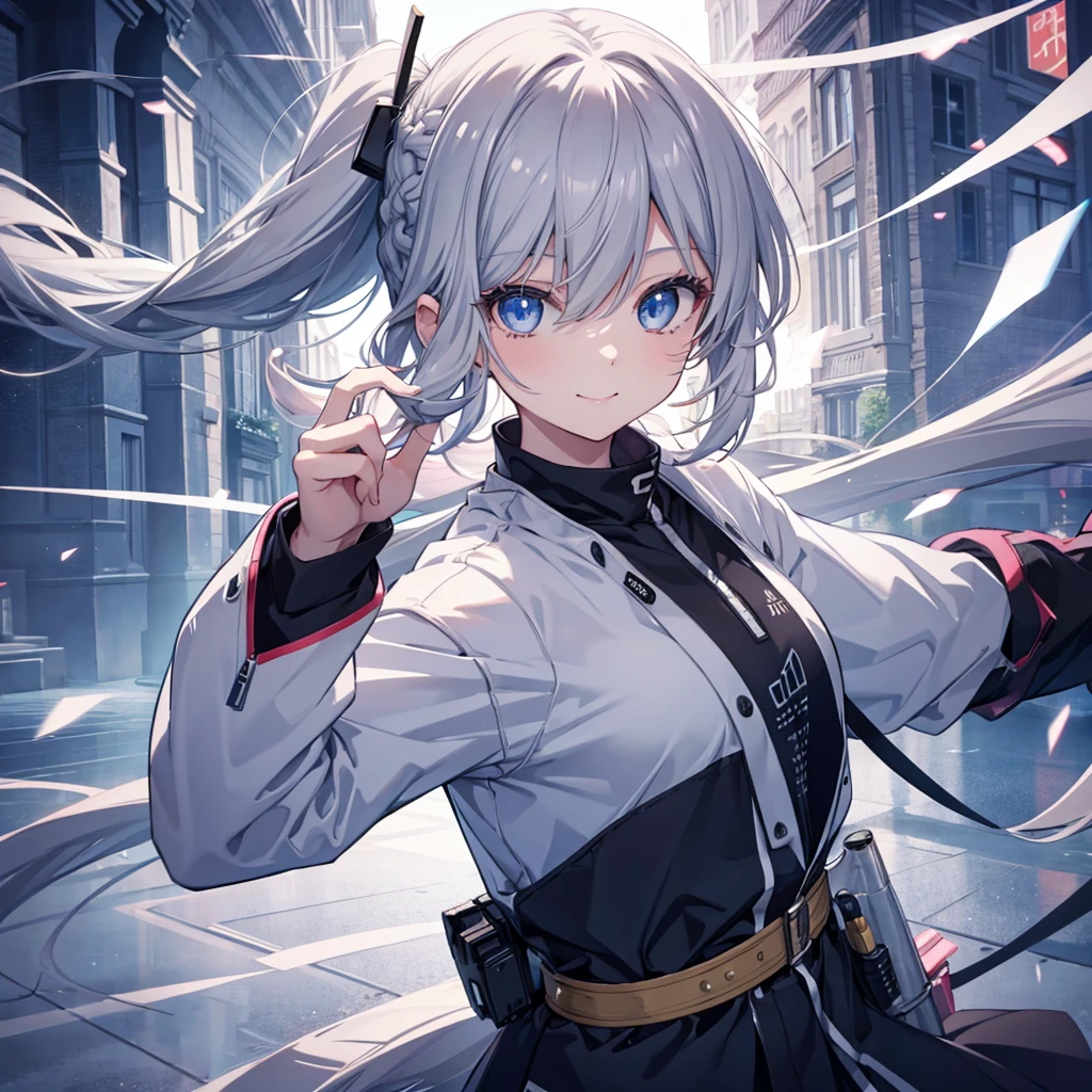 One girl, solo, Long Hair, Bangs between the eyes, ponytail, smile, blue eyes, Braid, Gray Hair, Dutch Angle, Anime Style, Digital Art,