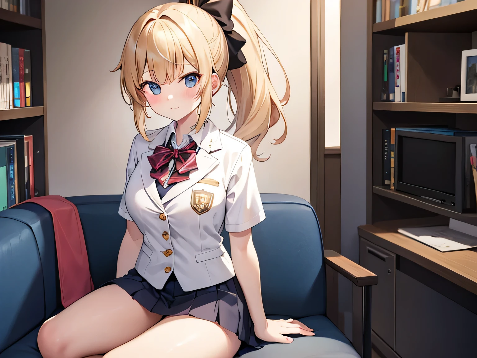 Panty shot、high school girl、blazer、loose socks、Blonde ponytail、Two legs、