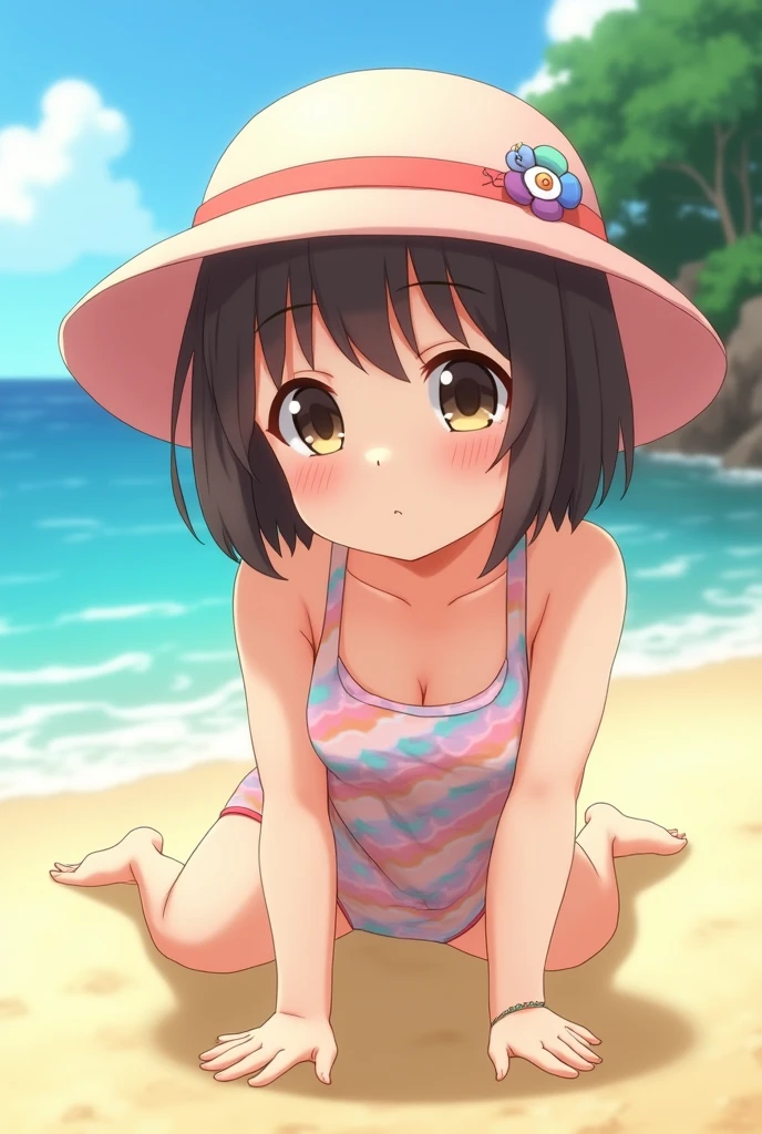 Crawling pose、Side angle、Put your whole body into it、A pale pink straw hat、Cute realistic Japanese girl,Bobcut、hairpin,(flat chest:1.2)、Charm, Ultra-high resolution,Attention to detail, Golden Ratio,Natural body、round face,smile,Highest quality,(Realistic Skin), Beautiful skins, Shyly、Colorful cute swimsuits、a sunny day、One Girl、Sexy pose、Seaside、Sandy Beach