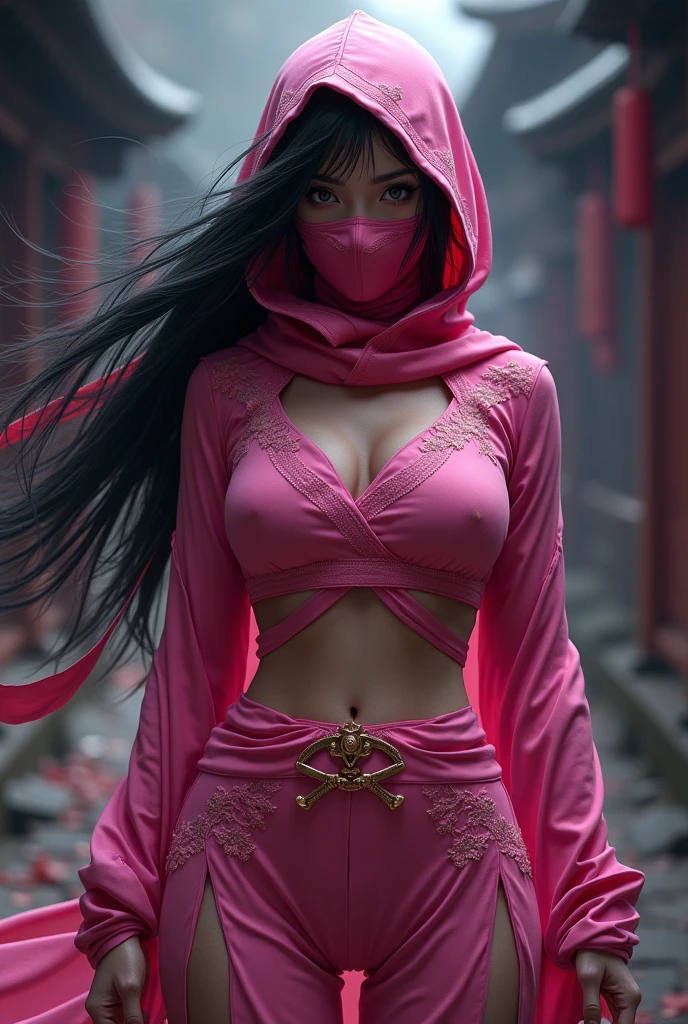 Woman in pink ninja outfit (( open between the breasts / breasts /pink mask / black hair ))