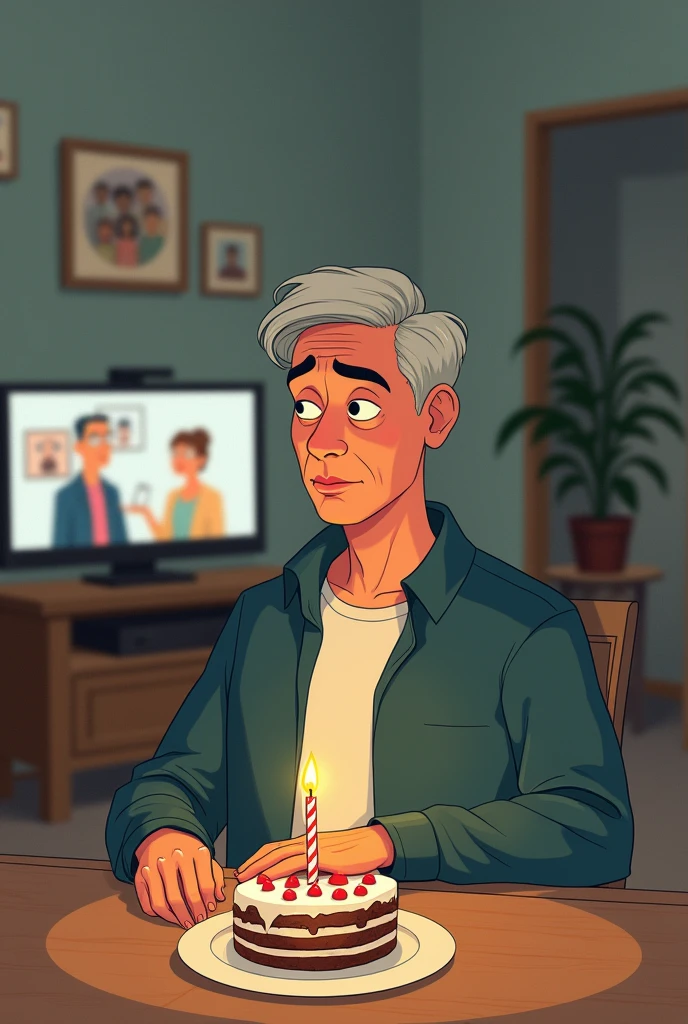 An animated drawing of a man celebrating birthday abread alone but while being in a video call with his parents. A bit sad