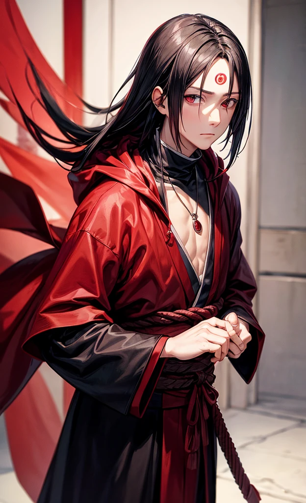 (masterpiece, best quality:1.2), red theme, solo, male focus, 1boy, uchiha itachi, expressionless, closed mouth, looking at viewer, without forehead protector, ninja cloak, jewelry, necklace