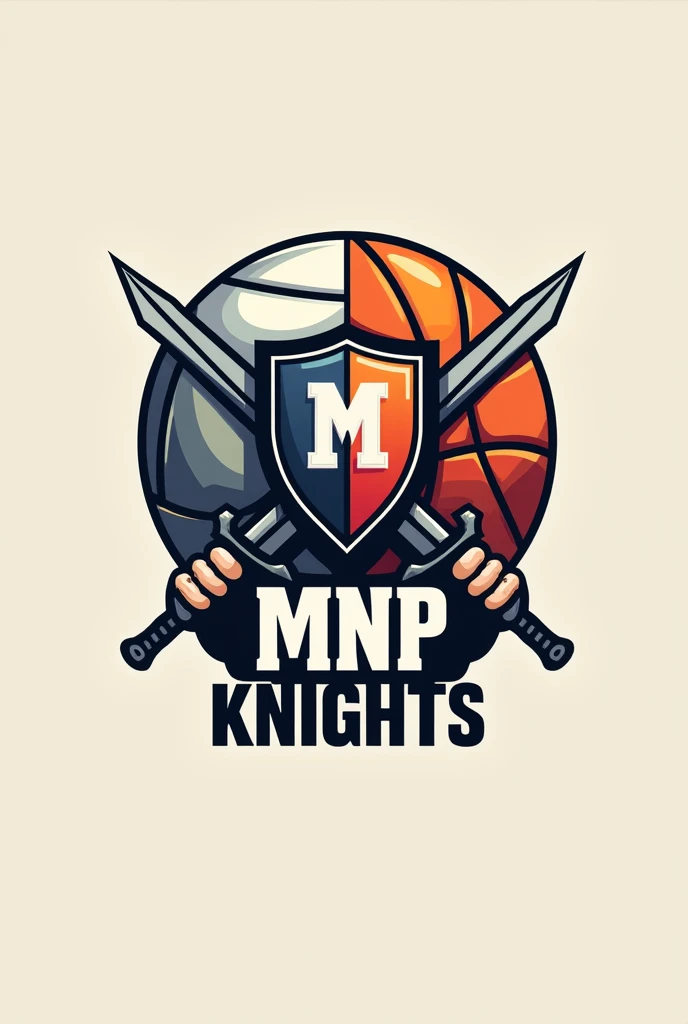 Create a logo,  MNP knights the design is one whole ball and the is half volleyball ball and the other side is basketball ball with two hands and shield and swords include the "MNP KNIGHTS"
Volleyball and basketball 
