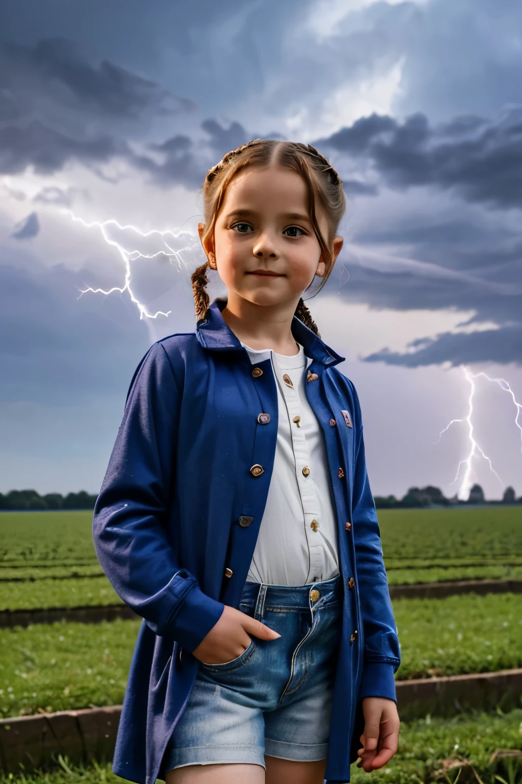 Ipswich, 2024. A little ((((6-year-old)) Rebecca de Clairmont)), in a farm, storm, magical lightning, ((((casual clothings from the 2020s)))), ((hairstyle of the 2020s))